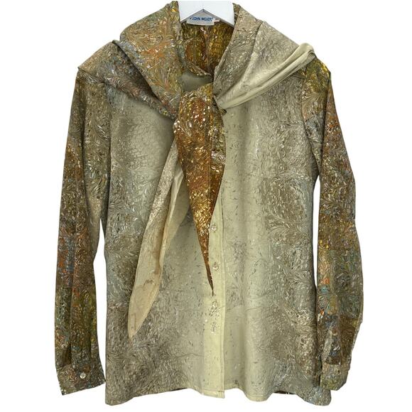 Vintage John Meyer Button Down Blouse Brown Paint Swirl Size S 70s Disco Scarf - Picture 1 of 6